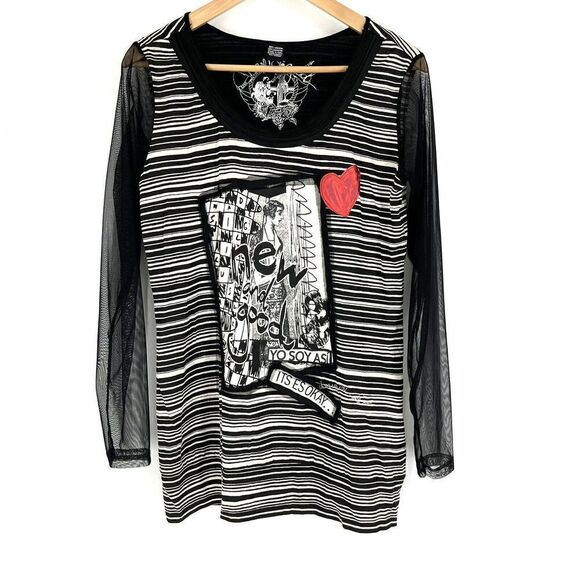 Desigual T Shirt Size Large Womens Black Stripe Heart Scoop Neck Top Mesh Sleeve - Picture 1 of 10